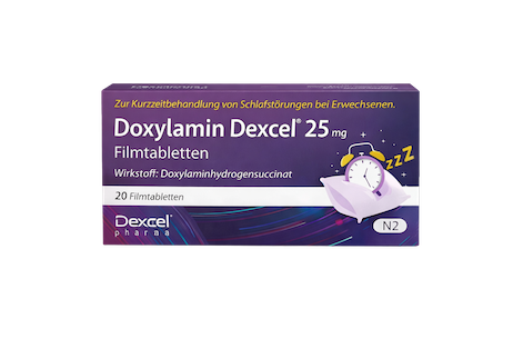 Vooraanzicht van Doxylamine verpakking – doosje recht van voren.