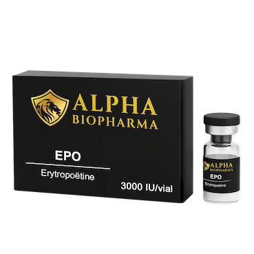 Front left view of the EPO packaging by Alpha BioPharma showing the front panel and left side design.