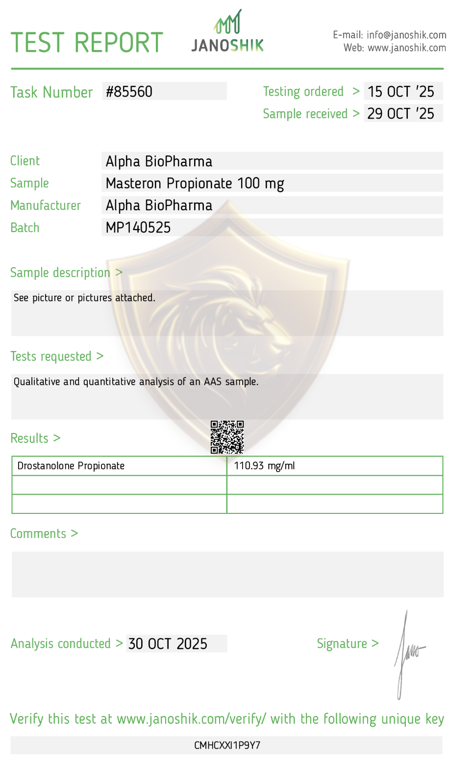 Masteron Propionate labtest door Janoshik