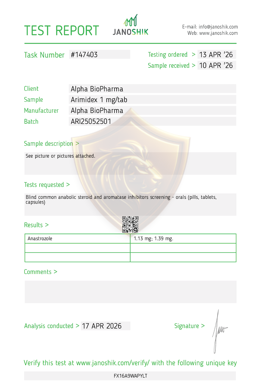 Arimidex 1 mg Janoshik labtest resultaten