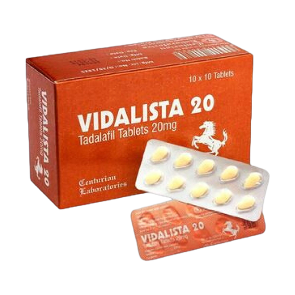 Doosje met een strip Vidalista 20 mg, een effectief middel met tadalafil voor verbeterde erectiele functie.
