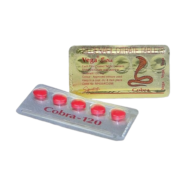 Twee strips Cobra 120 mg, een krachtig middel voor het ondersteunen van seksuele prestaties en erectiele functie.