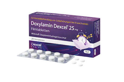 Doxylamine verpakking met strip en losse tabletten – linker schuine vooraanzicht.