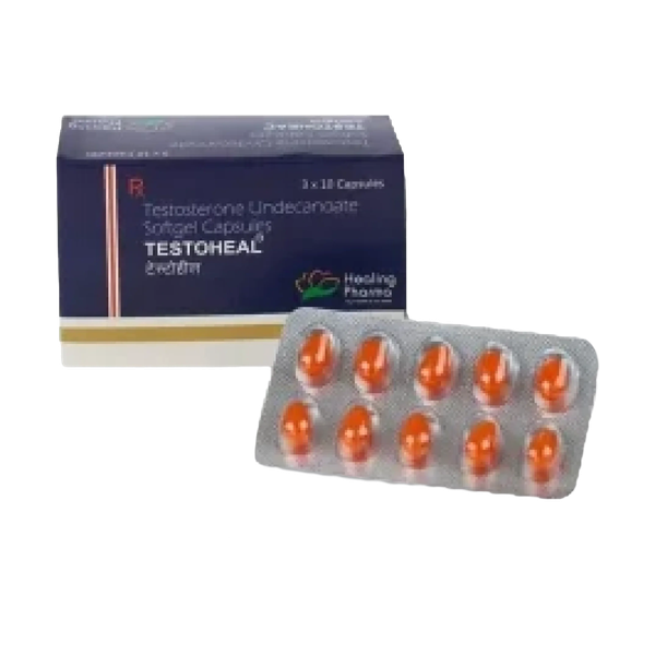 Afbeelding van een verpakking testosteron capsules met een strip, gebruikt voor hormoontherapie en testosteronvervanging.